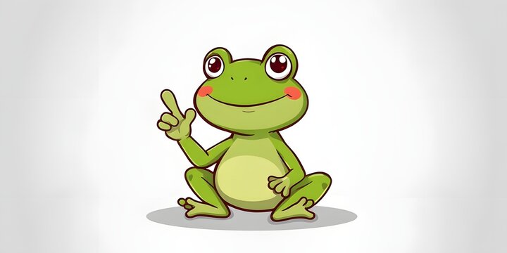 Funny green frog cartoon character sitting casually while making a metal hand gesture, featuring childish doodle text style and metallic gray background.