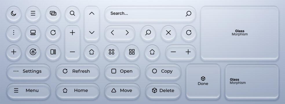 User interface kit with glass morphism effect. Web icons, search bar and buttons for modern digital application design. Translucent frosted UI elements for software development software.