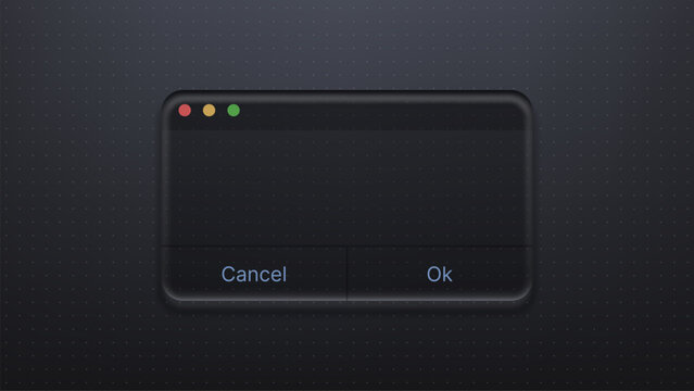 Dark modal window interface with button elements on dot grid background. Liquid glass morphism design for software application. Modern ui element for web development and digital alert.