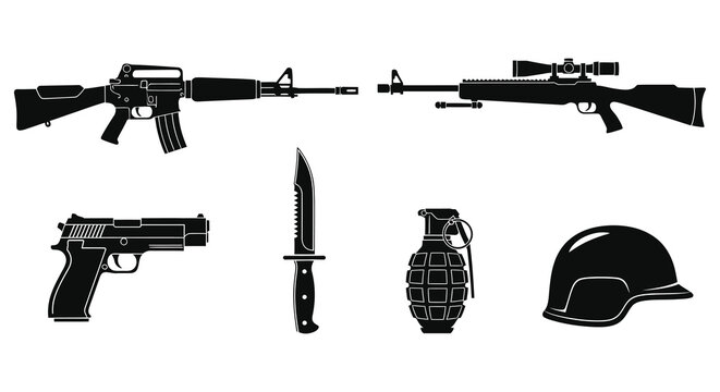 Military weapons and equipment collection in black silhouette high quality professional detailed modern elegant stylish clean