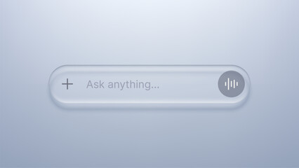 Fototapeta na wymiar Search bar with glass morphism effect. Modern UI element for website or application. Transparent input field for artificial intelligence chatbot query with voice recognition icon concept.