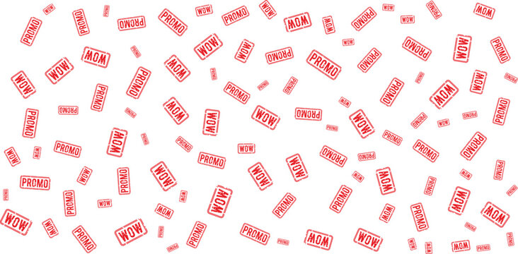 Red promotional stamps pattern with words promo wow and mom on transparent background