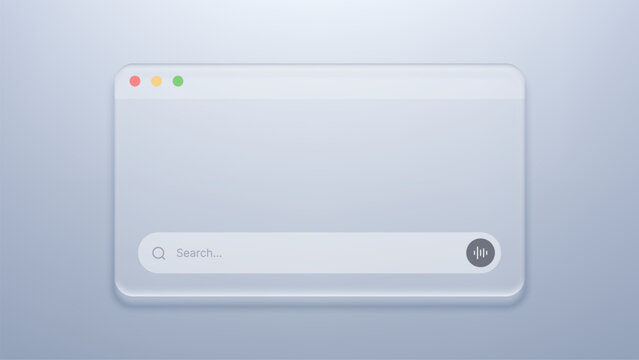 Liquid glass morphism search window interface. Futuristic web browser element with frosted transparency effect. Minimalist ui design for internet search engine and digital application.