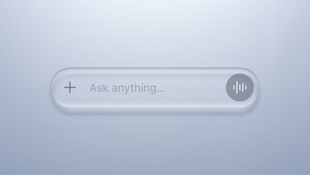Search bar with glass morphism effect. Modern UI element for website or application. Transparent input field for artificial intelligence chatbot query with voice recognition icon concept.