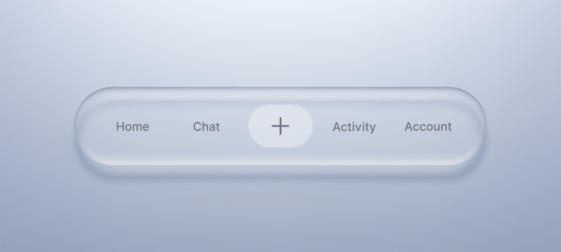Liquid glass morphism menu bar navigation with plus button. Mobile application interface design element. Transparent frosted layer with soft shadows. Modern UI UX vector graphic component.