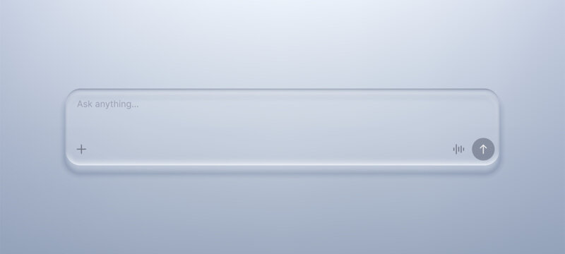 Liquid glass morphism search bar with input field. Modern user interface element for chat bot or messenger app. Transparent frosted design for website and software development concept.