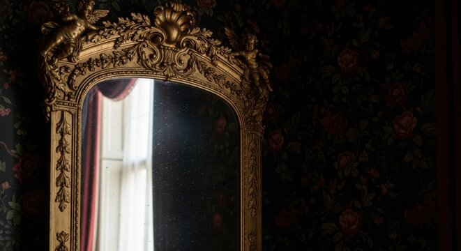 Ornate antique gold mirror with intricate frame reflecting soft daylight in an opulent vintage interior setting