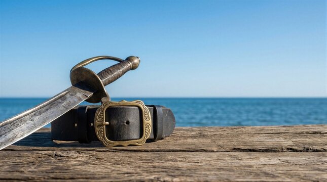 Pirate cutlass and leather belt on old wooden deck against sea background. Historical weaponry and accessory of sailor or corsair. Adventure, treasure hunt and nautical travel concept.