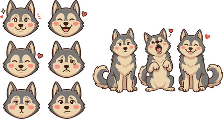 Cute Husky Dog Vector Set Featuring Adorable Puppy Characters With Various Facial Expressions Like Happy Sad And Crying Plus Full Body Poses For Stickers And Icons © Halima
