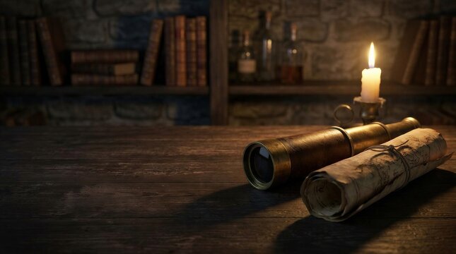 Antique telescope and rolled treasure map on wooden table by candlelight. Pirate adventure setting in study with library background. Nautical navigation equipment for ocean journey.