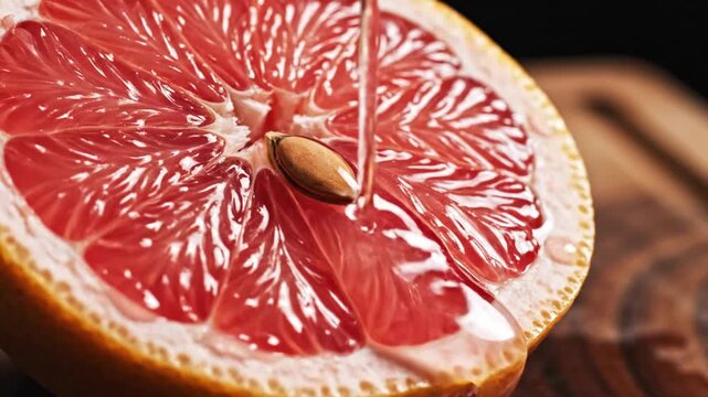 Close-up of a vibrant red grapefruit being sliced with a knife, revealing a seed.
