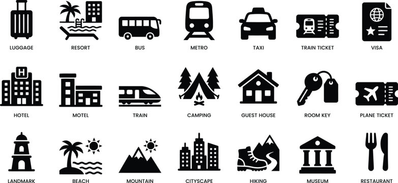 Travel and tourism icons set vector illustration for vacation hospitality and transportation services