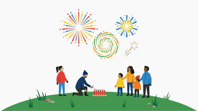 Diverse family celebrating with fireworks on a grassy hill vector style