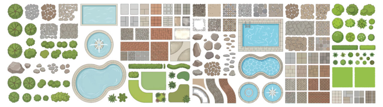 Landscape Plan Symbols And 2D Garden Elements Set With Trees Pools Paths Lawns And Paving