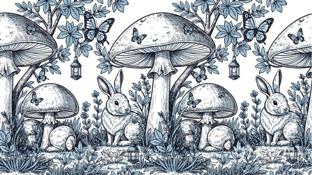 Bunnies under big mushrooms with butterflies.