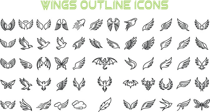Wing outline icons, black feather symbols, minimalist designs, vector graphics
