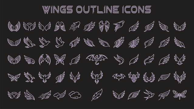 Wings outline icons set, 40 purple line art wing shapes, minimalist feather designs, vector graphics
