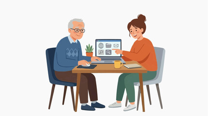 Fototapeta premium Elderly man and young woman learning computer skills together at a desk with a laptop vector style