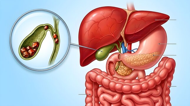 Human digestive system with magnified view of gallstones in gallbladder