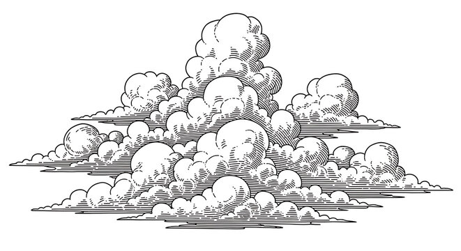 Vintage engraving fluffy cloud isolated on a transparent background
