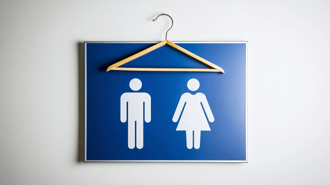 Blue framed sign displaying gender symbols with a wooden hanger, blending concepts of changing rooms and clothing