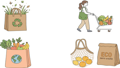 Fototapeta premium Sustainable Grocery Shopping Vector Set Featuring Woman With Cart Reusable Mesh Totes Paper Bags Filled With Organic Vegetables And Fruits For Zero Waste Lifestyle Themes