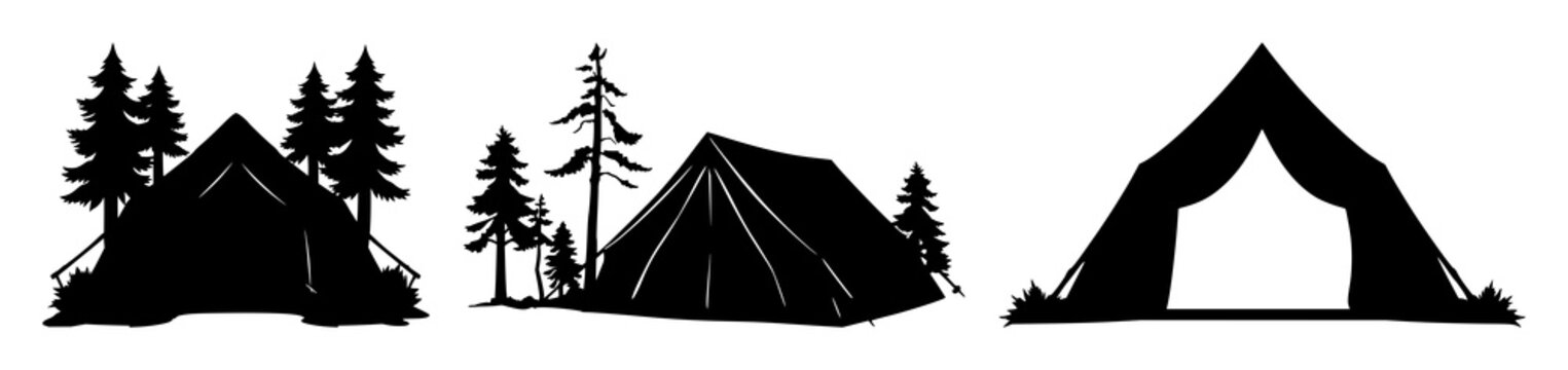 Forest camping tent set with solid black icon on white background featuring camping, tent, forest with minimalist and line art