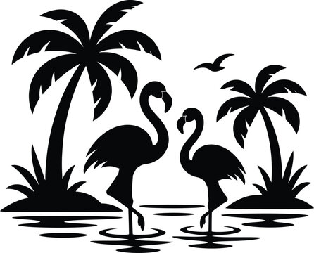 Silhouette of two flamingos standing in water with palm trees and a bird