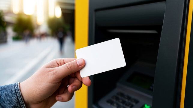 Person tapping a blank payment card for fare on a public transport validator, showing modern urban travel