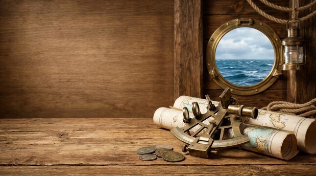 Brass sextant and old treasure map lying on a wooden table inside a ship cabin. Porthole showing stormy sea. Adventure concept for pirate theme or maritime travel and exploration background.