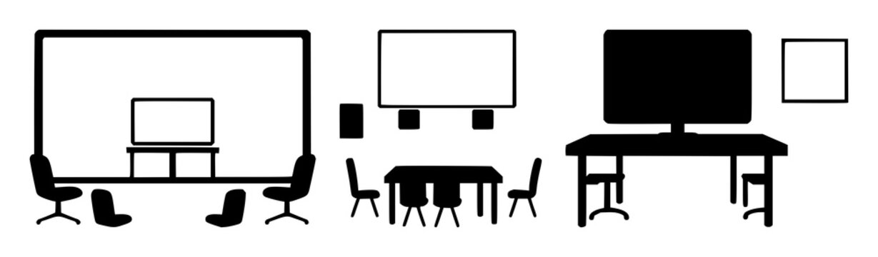 Virtual classroom icon set with solid black design on white background featuring education, remote learning, e-learning with symbols and typography