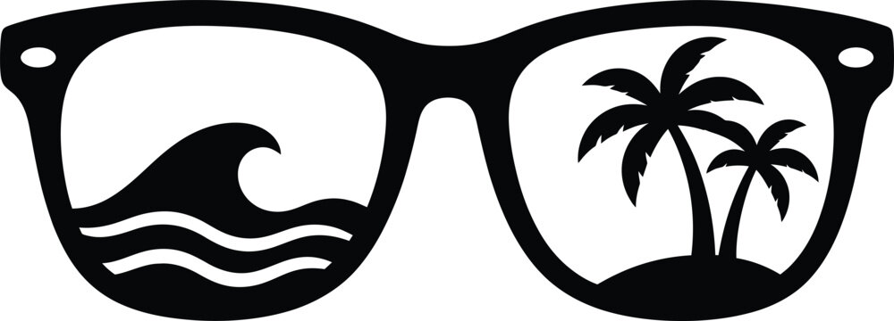 Sunglasses with tropical beach scene inside lenses, wave and palm trees silhouette