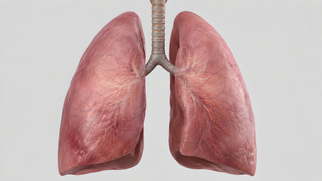 Photorealistic 3D human lungs, subtle perihilar haze, central lung opacity, bronchovascular detail, preserved pleural contours, medical hero render
