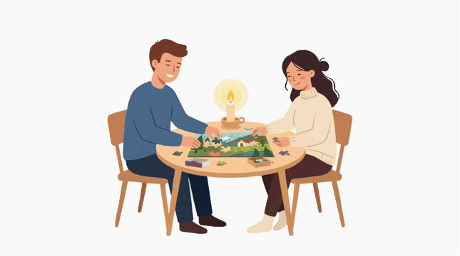Couple enjoying a cozy evening assembling a jigsaw puzzle by candlelight vector style