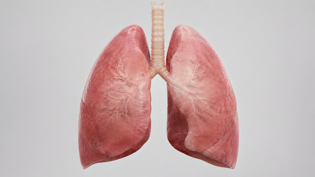 Photorealistic 3D human lungs, subtle perihilar haze, central lung opacity, bronchovascular detail, preserved pleural contours, medical hero render