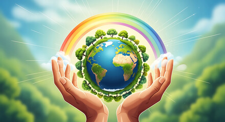 Naklejka premium Hands holding a green earth with a rainbow in a natural landscape