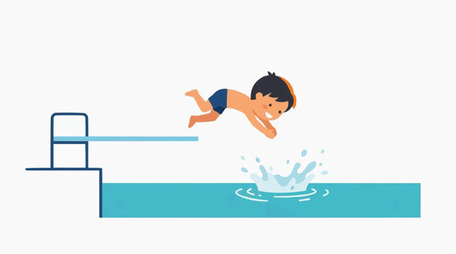 Boy jumping into swimming pool from diving board creating splash vector style