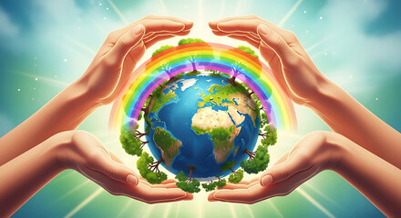 Naklejka premium Hands holding earth with rainbow
