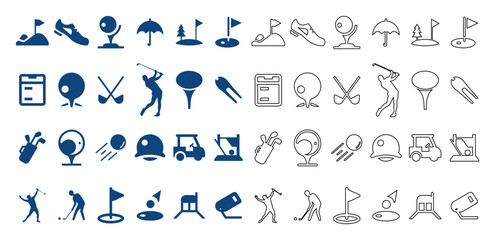 Obraz premium Golf icon set, 48 sports symbols, blue line and solid golf icons