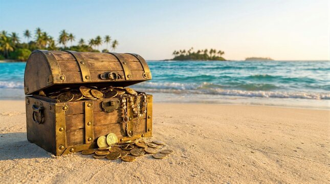 Antique wooden treasure chest filled with gold coins and jewelry on a sandy tropical beach. Pirate gold hidden on a desert island shore. Adventure tale, wealth and fortune concept.