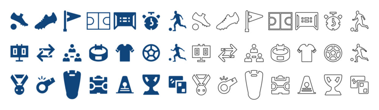 Soccer tournament icons set in flat and outline style.