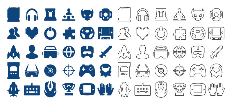 Gaming and digital technology icons in dual style set.