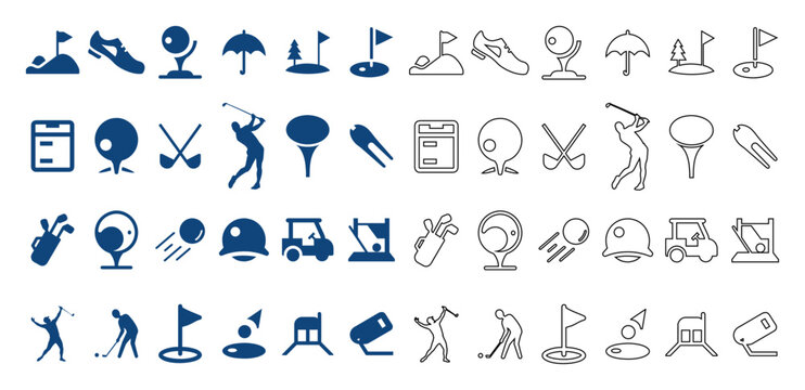 Set of golf sports icons in flat and outline designs.