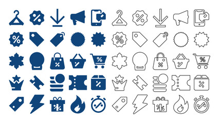 Fototapeta premium Shopping and Sale Flat outline Icon Set with Shopping Cart, Shopping Bag, Price Tag, Discount, Megaphone, Gift Box, Percent and Retail Commerce Symbols Collection