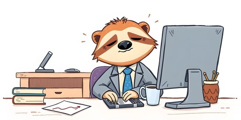 Fototapeta premium Adorable sloth character in crayon drawing style wearing office suit and tie, sitting tired at a desktop computer with an exhausted overworked expression.