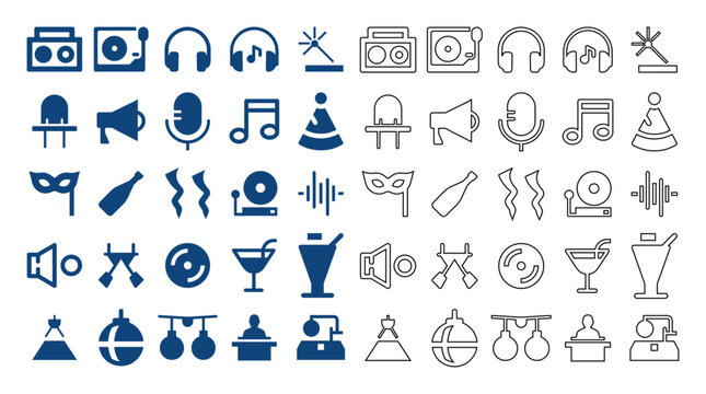 Music and party event icons in solid and linear styles.