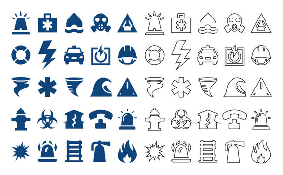 Emergency service icons in solid and line design set.