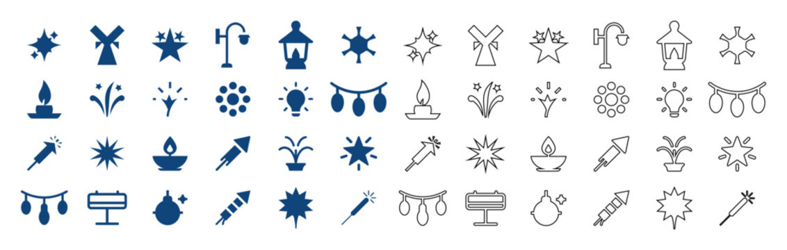Set of celebration light icons including fireworks stars lanterns and festive garlands in solid and outline styles for party decoration design elements collection.