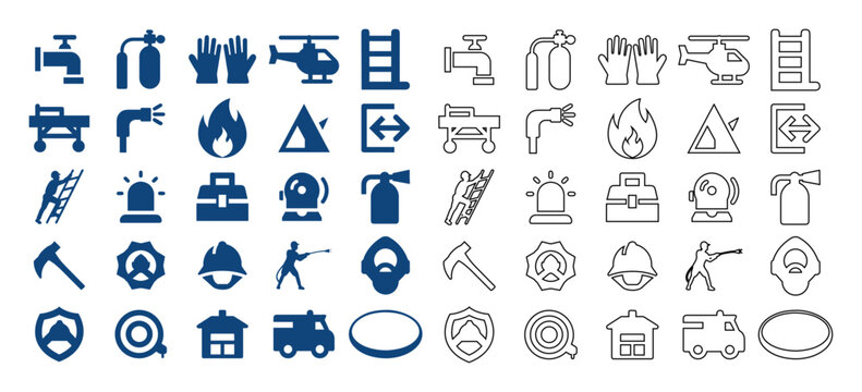 Comprehensive collection of firefighting and emergency rescue icons featuring firemen tools vehicles and safety equipment in both filled and stroke vector styles.