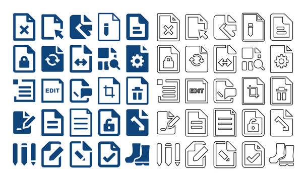 Set of document and file management line and glyph icons representing various office business administration tasks for digital website design and user interface system.